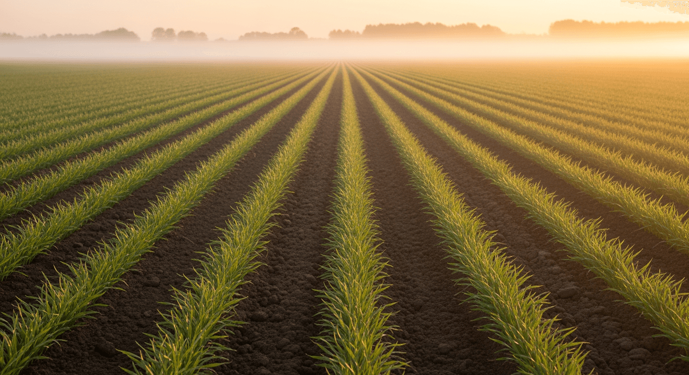 Empty agricultural field at misty dawn, rows of young crops stretching to horizon.