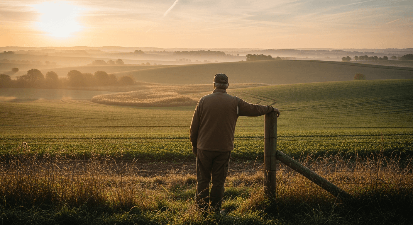 Farmer standing alone, overlooking a vast field at sunrise, contemplating the landscape.