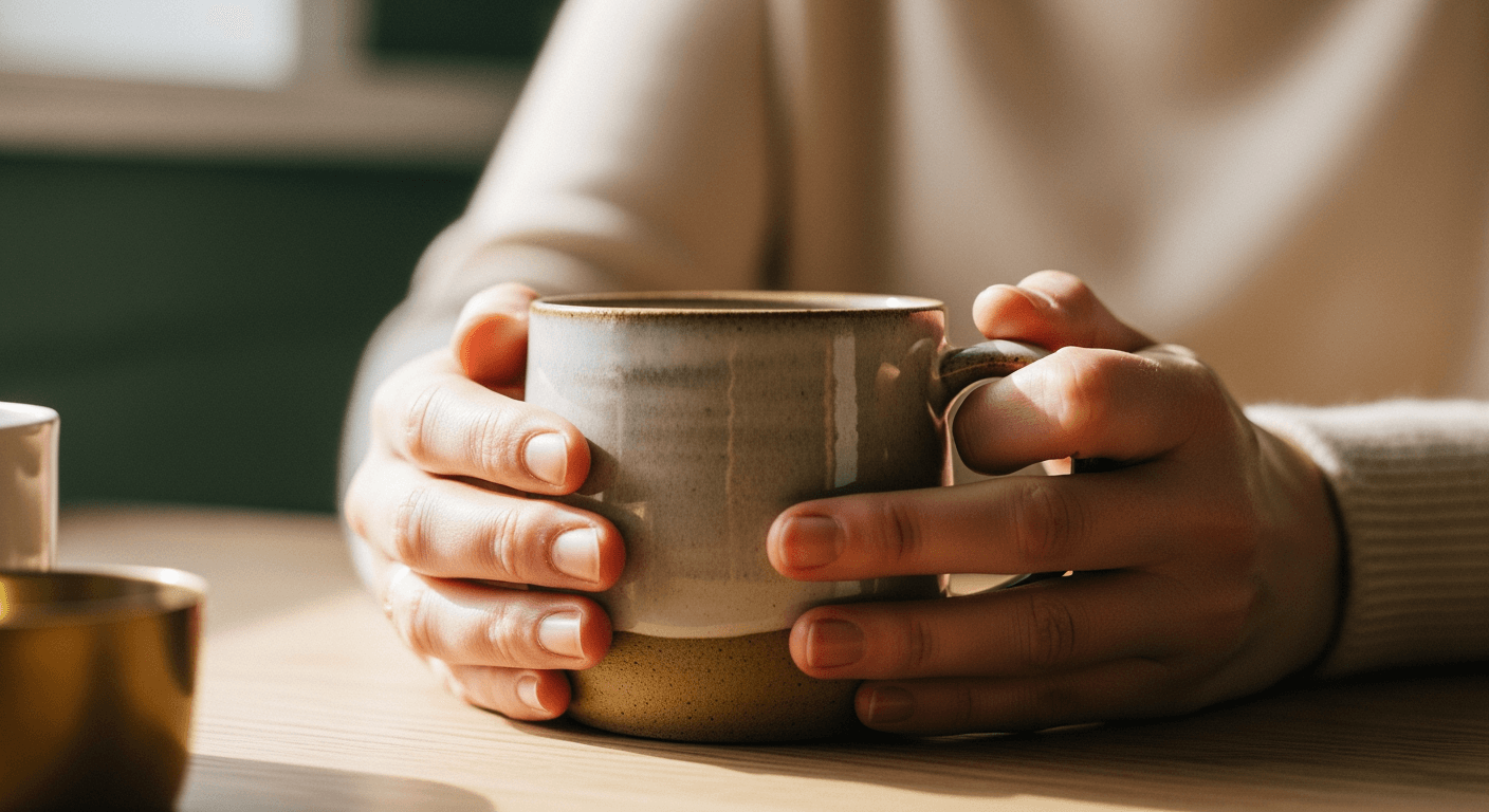 Close-up of hands gently holding a warm ceramic mug on a muted wooden surface.
