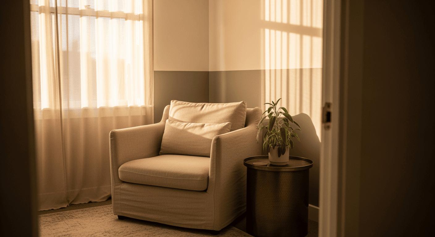 An empty, inviting counselling office with a comfortable armchair and a small plant.