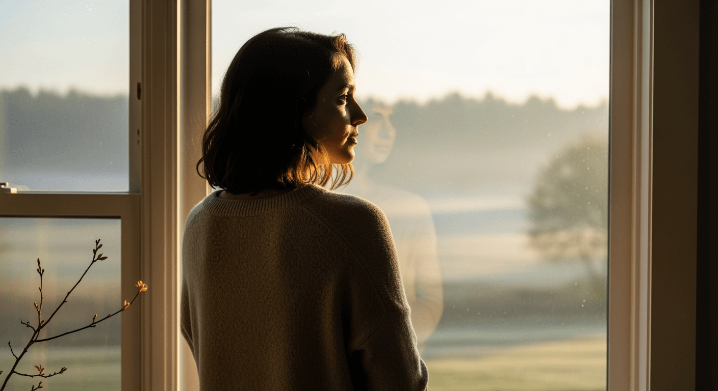 A person viewed from behind, looking out a window at a soft, natural landscape.