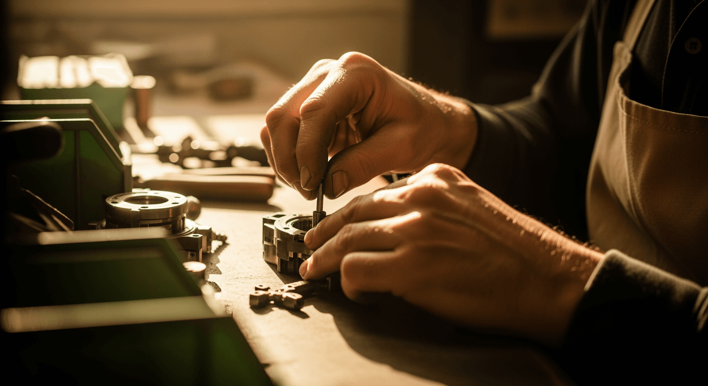 Close-up of hands carefully assembling small mechanical components on a workbench.