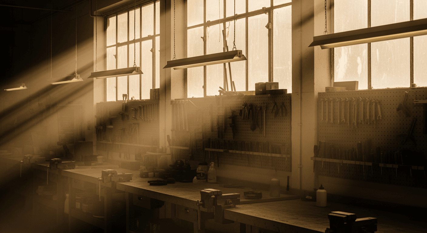 An empty, well-lit workshop with tools neatly organized on pegboards.
