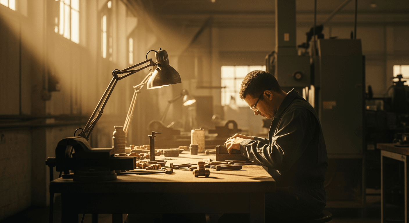 A lone worker engrossed in a task at a workbench, seen from a low angle.