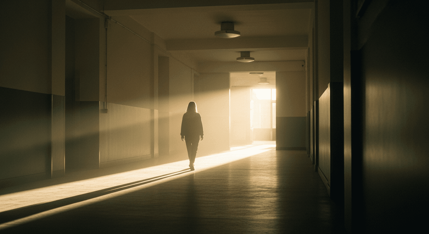 A solitary figure walking away down a long, empty corridor, light at the end.