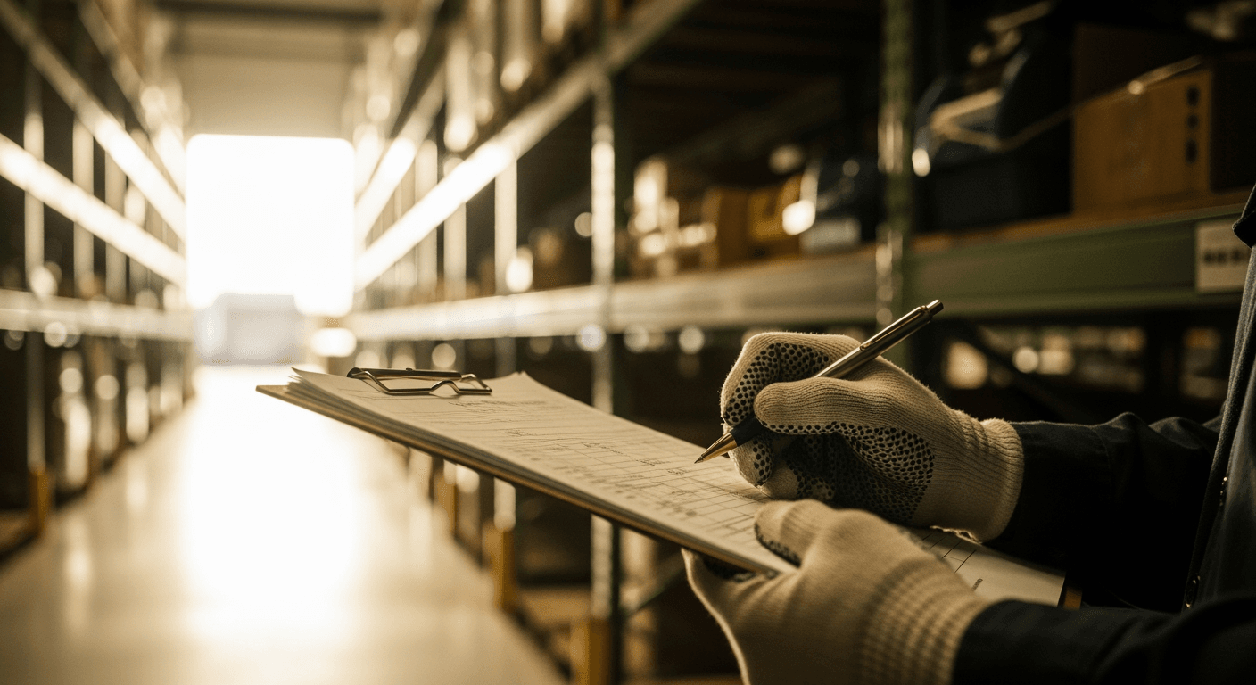 Close-up of a worker's gloved hands holding a clipboard in a warehouse.