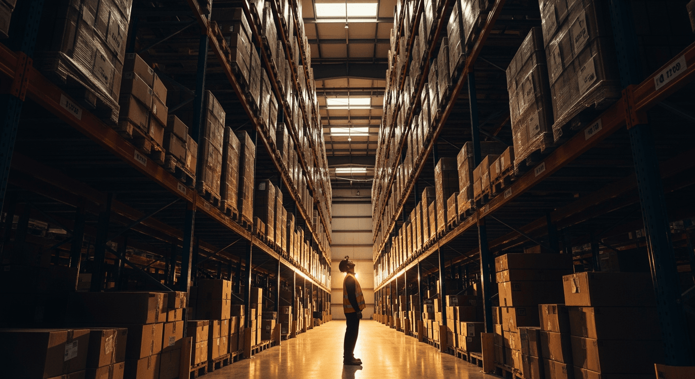 A lone worker in a high-visibility vest standing in a vast warehouse aisle.