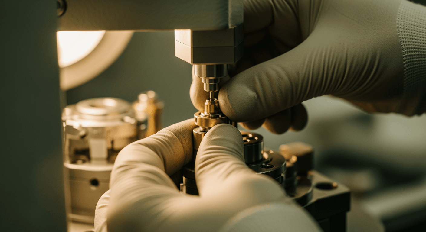 Gloved hands adjusting a small, intricate metallic part on a machine.