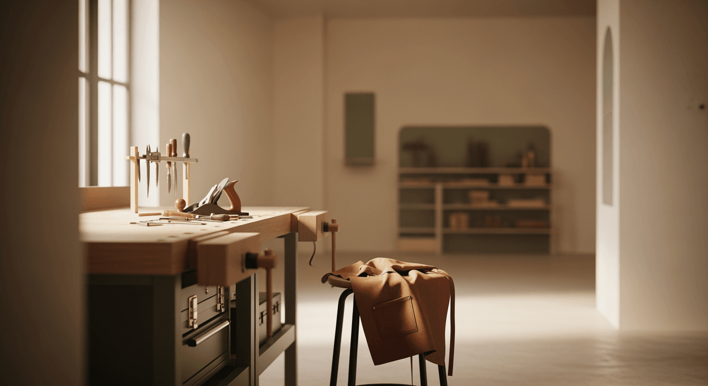 An empty, well-organized modern workshop interior with tools on a workbench.