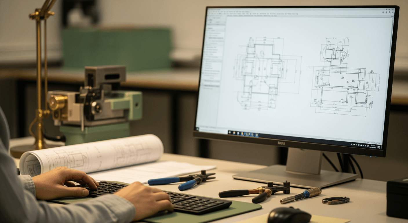 A workstation with a monitor displaying technical blueprints and hand tools.