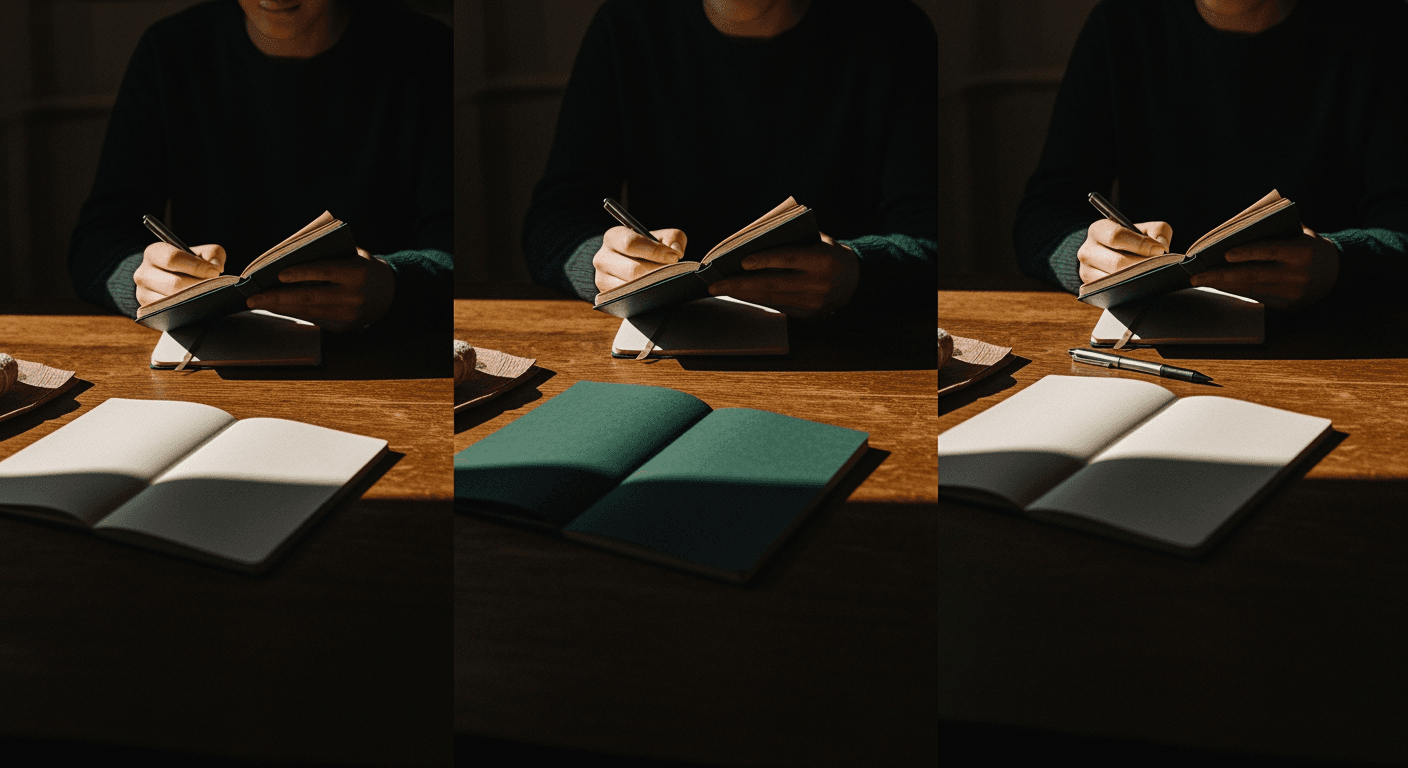 Close-up of hands holding a worn notebook and pen, resting on a wooden desk.