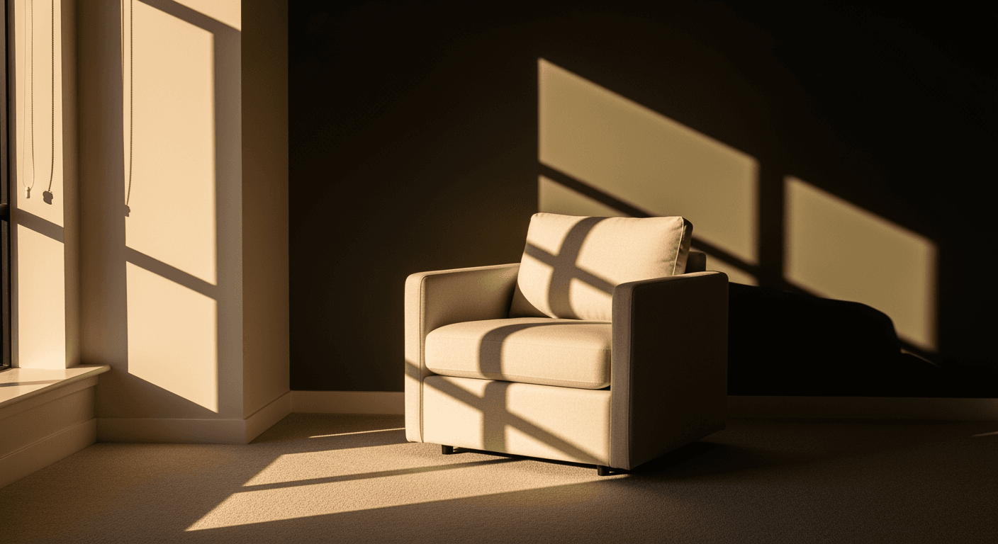An empty, quiet office space with a sunlit window and an inviting armchair.