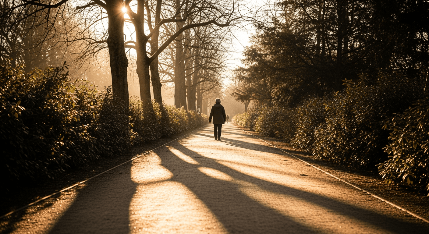 A lone figure walking down a long, sunlit path through a quiet park, viewed from behind.