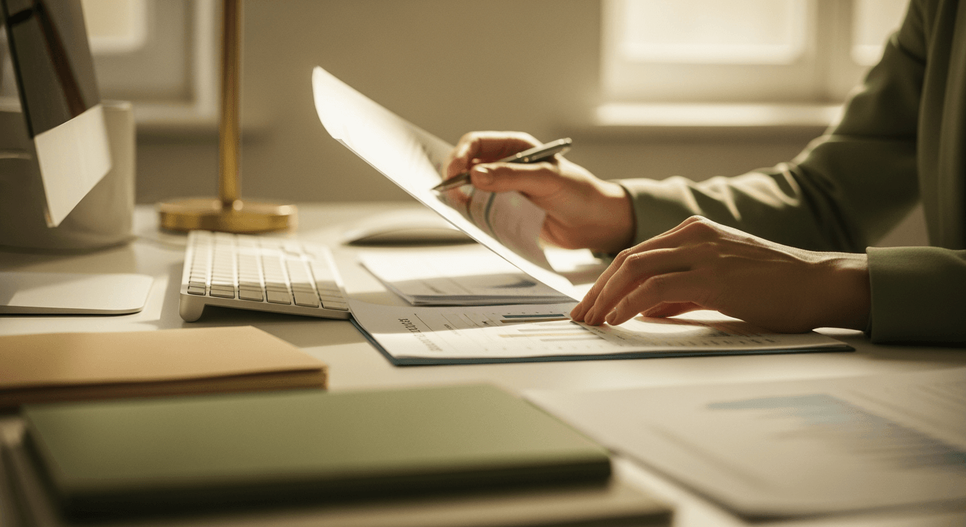 Hands of an office worker meticulously reviewing documents and data on a desk.
