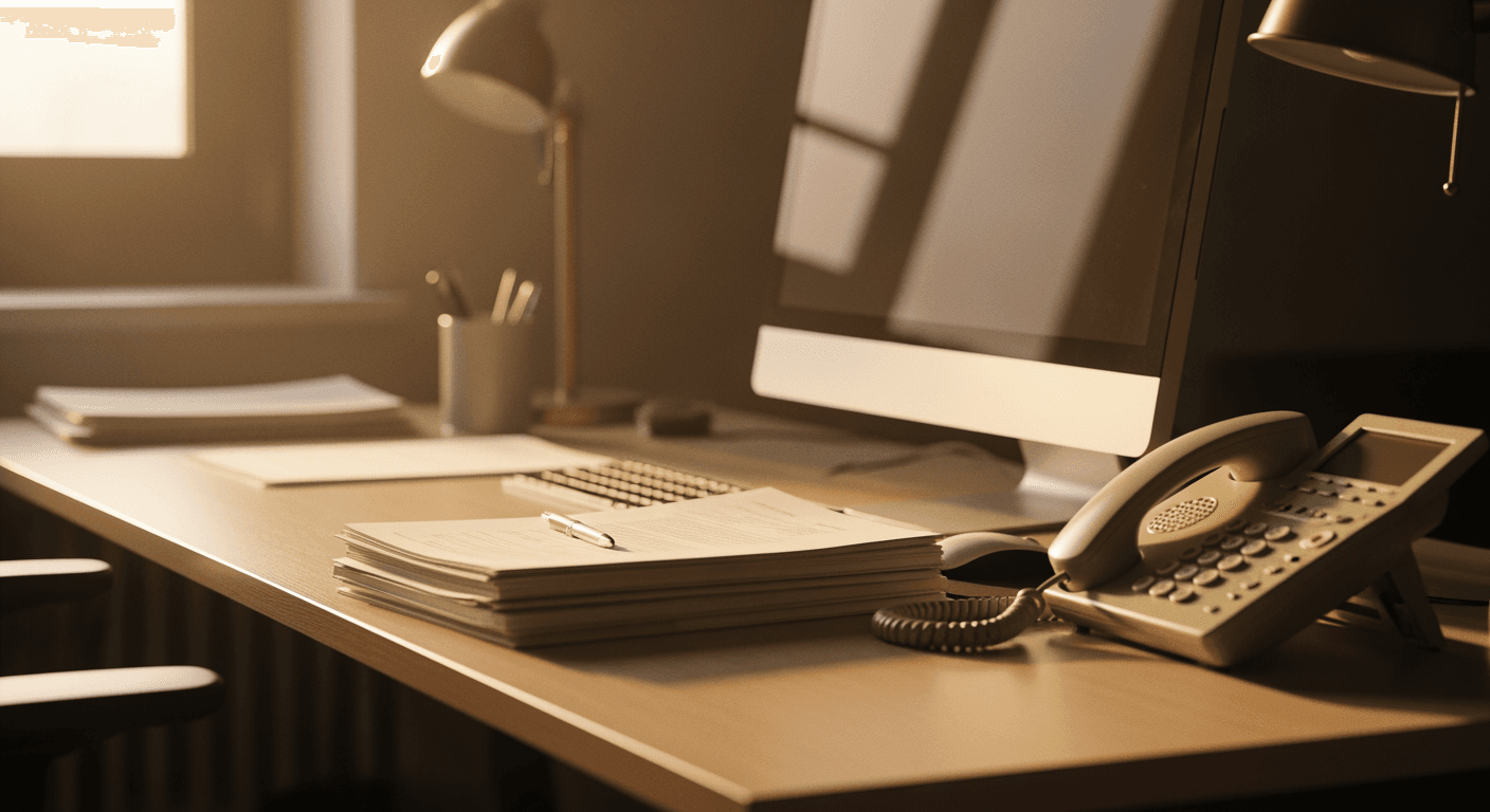 An empty, quiet office workstation with a computer, papers, and a phone awaiting use.