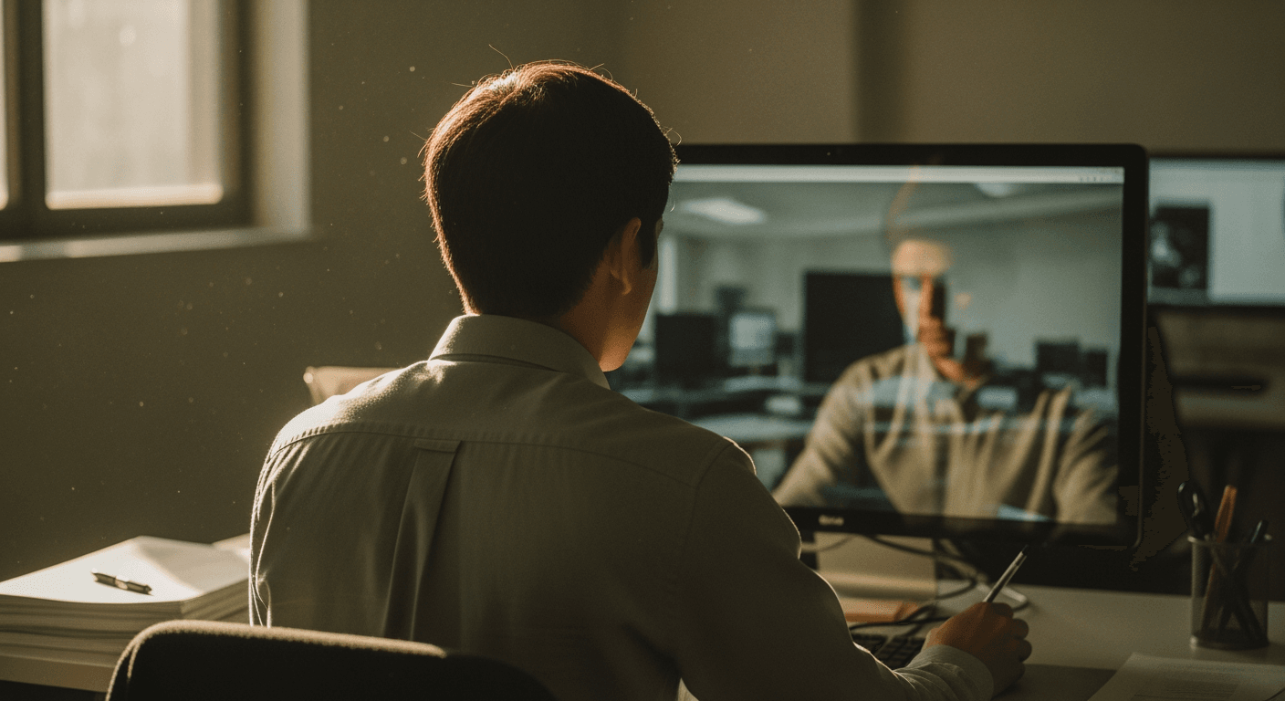 A lone office worker viewed from behind, intently focused on their computer screen.