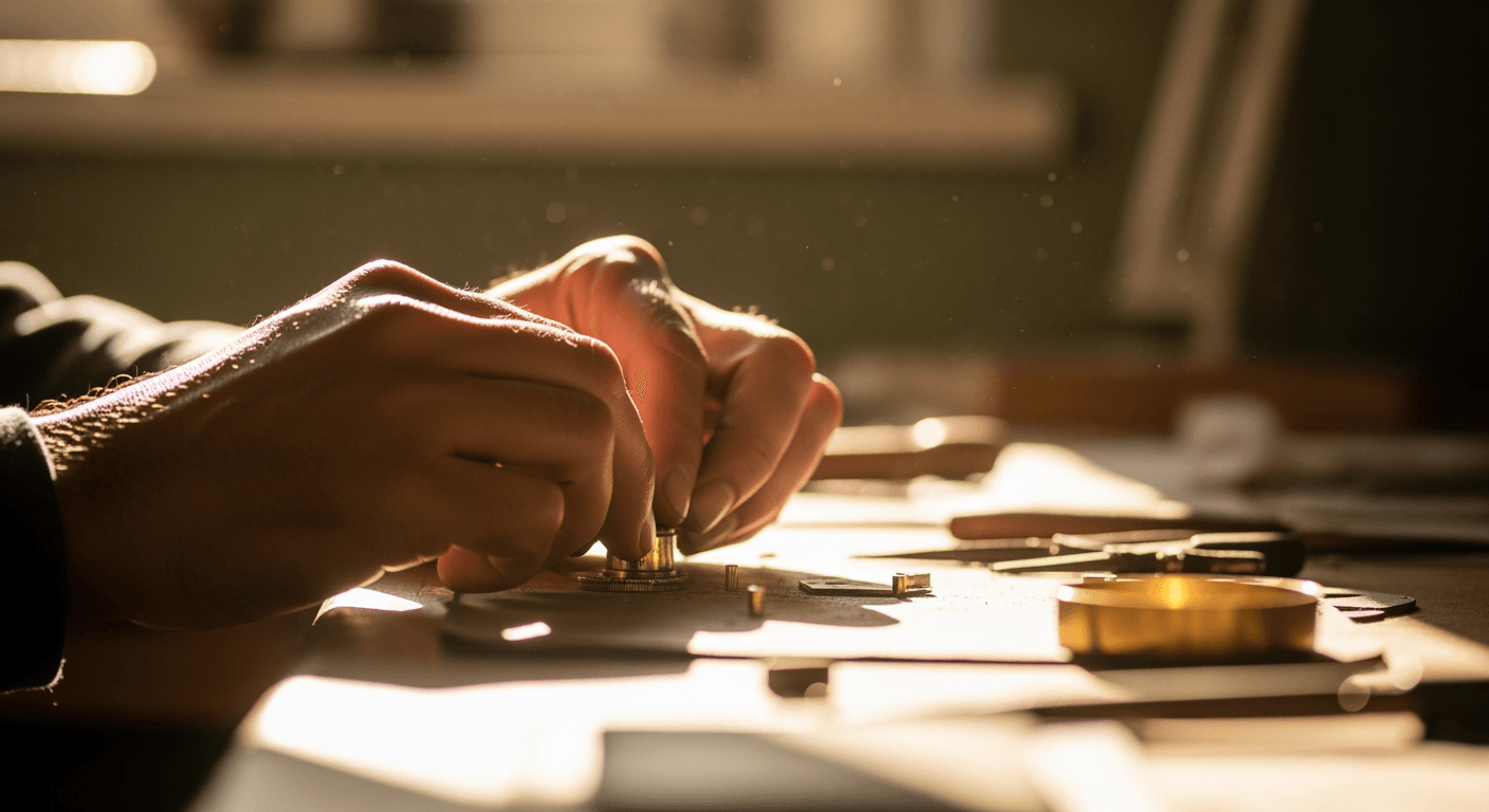 Close-up of worker's hands carefully arranging small components on a sunlit workbench.