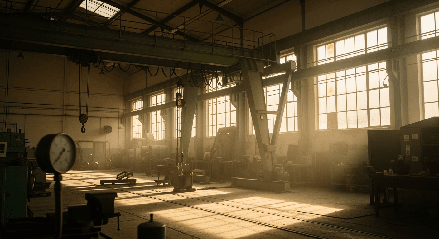 An empty industrial workshop bathed in golden hour light, dust motes dancing.