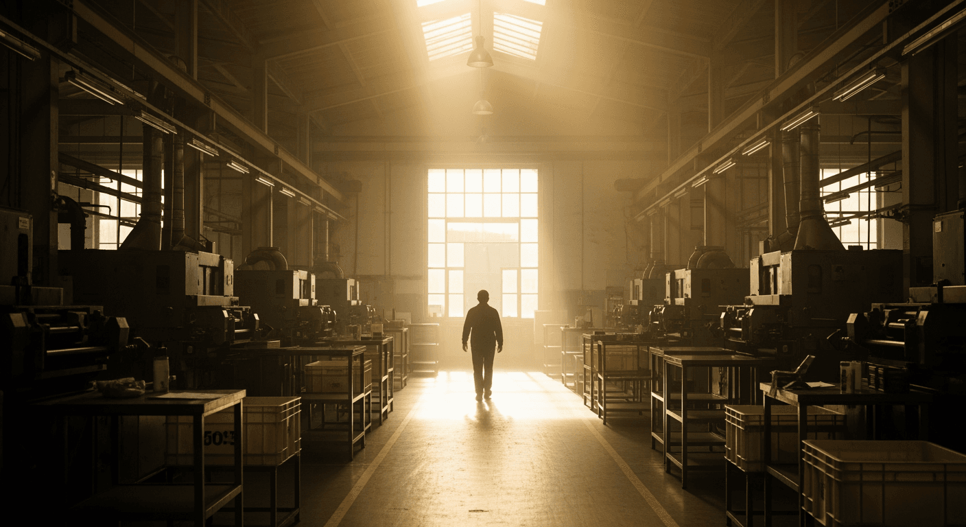 A solitary figure, seen from behind, walking down a sunlit factory aisle.
