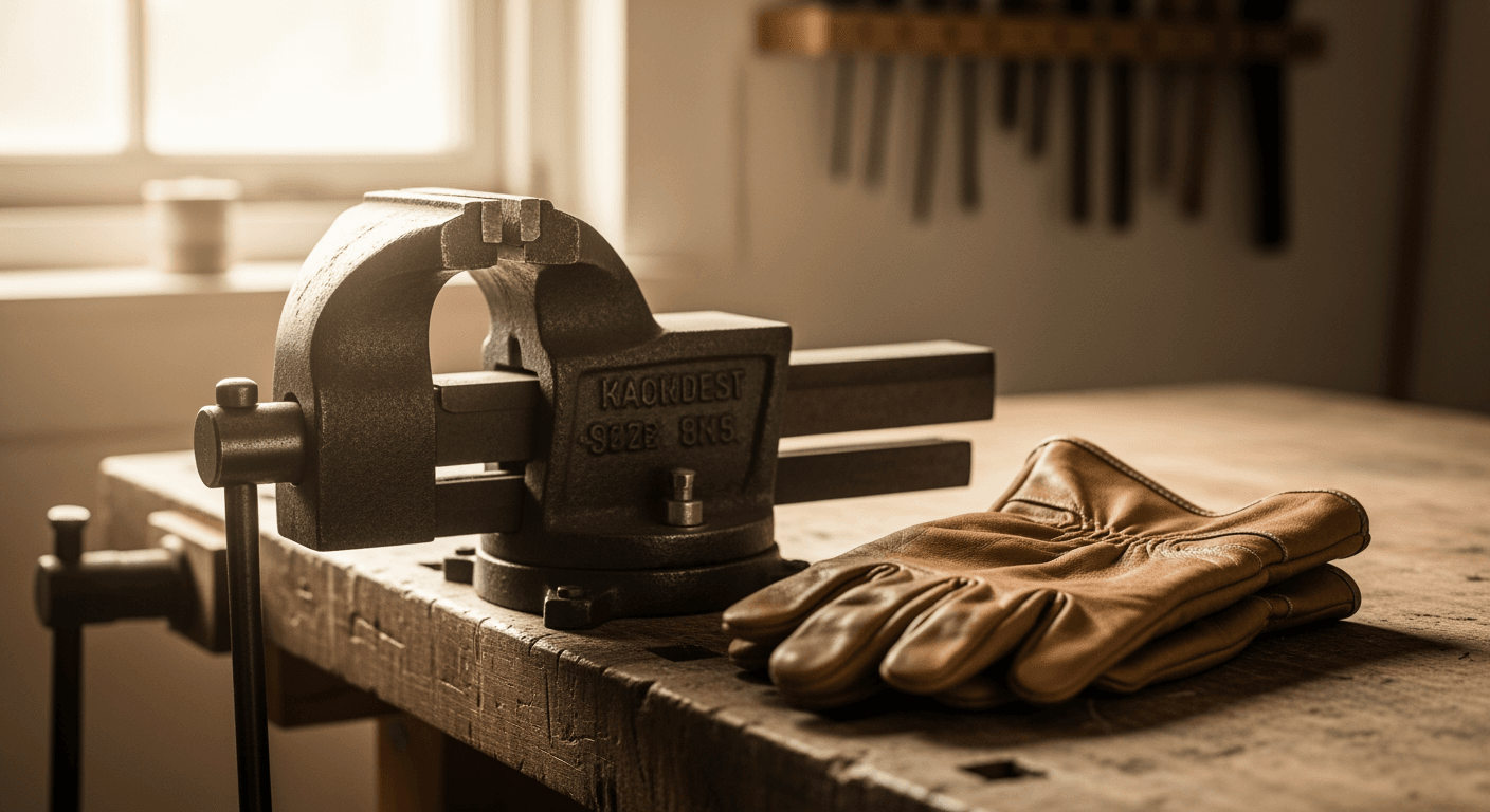 Close-up of a sturdy workbench vise with worn leather gloves resting beside it, bathed in soft light.
