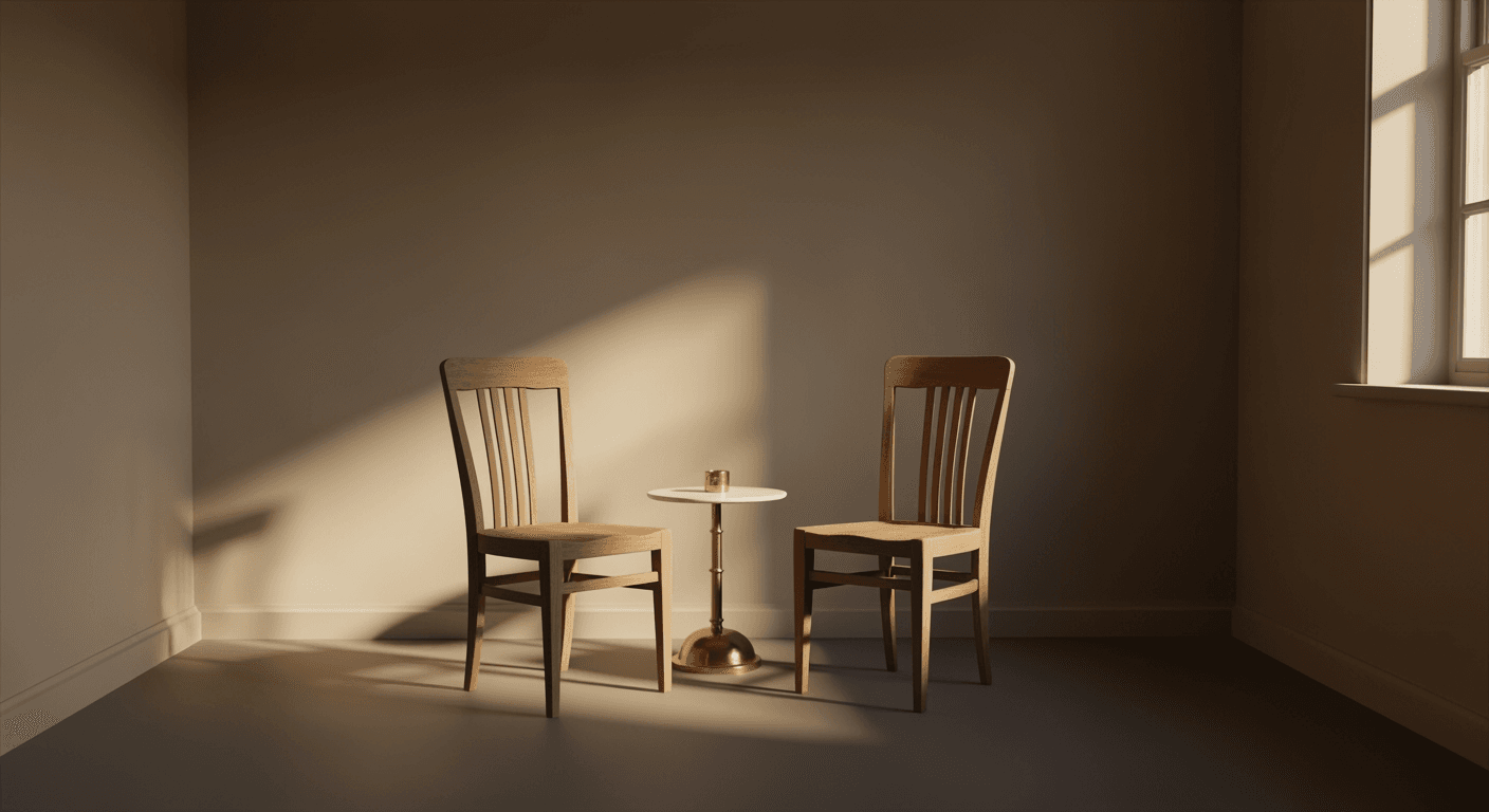 An empty, sunlit consultation room with two chairs and a small table, hinting at quiet conversation.