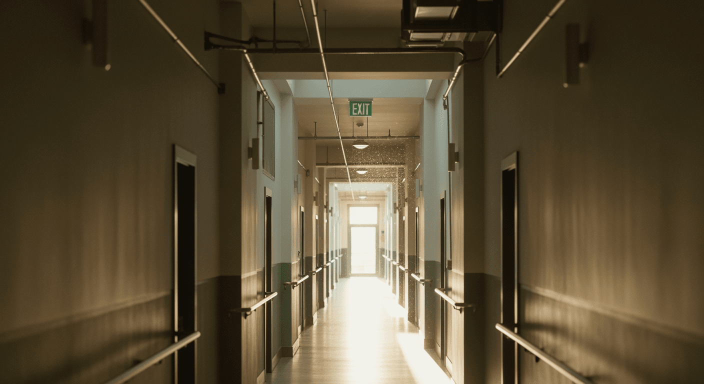 A long, sun-drenched corridor in an industrial building, leading towards a bright exit, symbolizing progress.