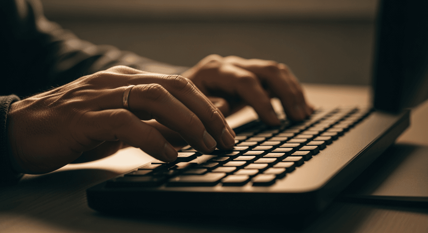 A close-up of hands typing on a computer keyboard, illuminated by a monitor's glow.