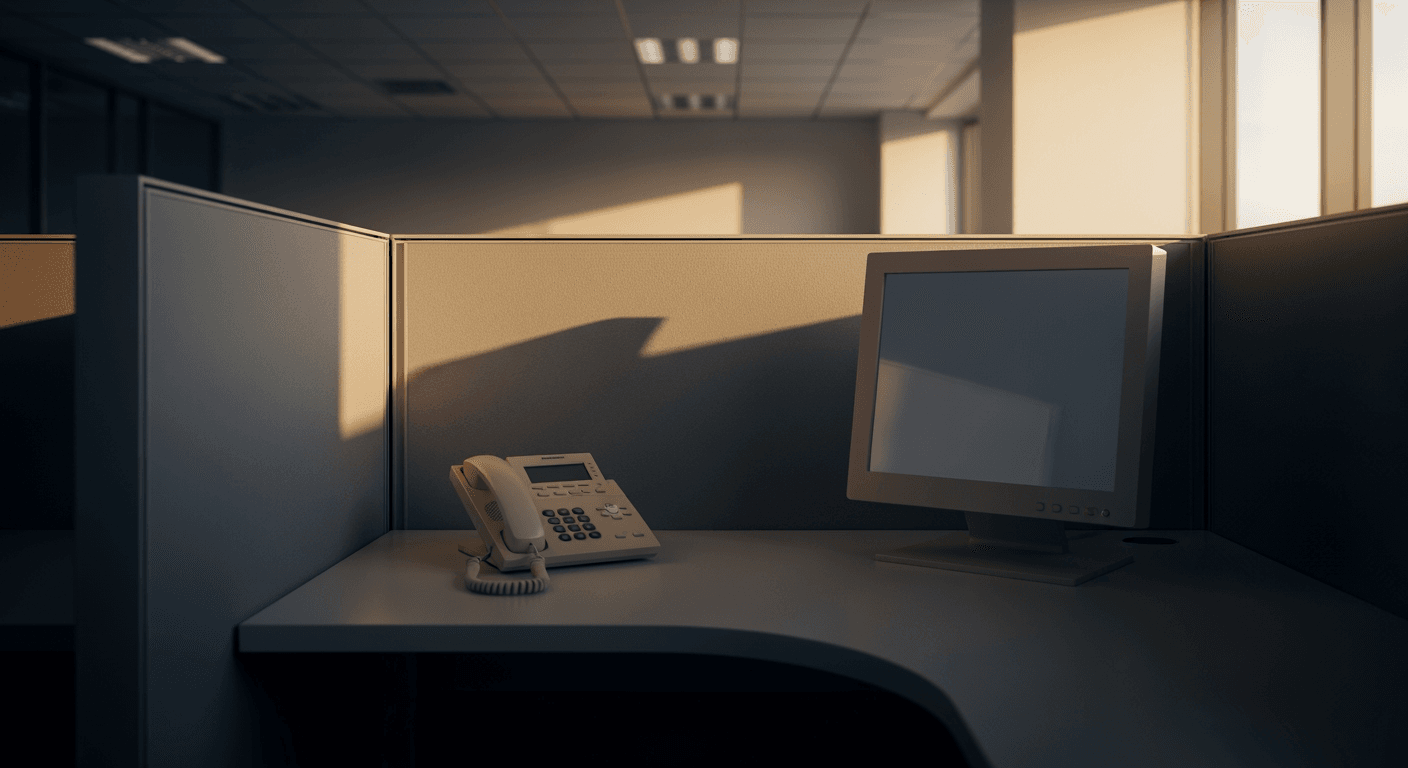 An empty office cubicle with a desk phone and a muted computer monitor screen.