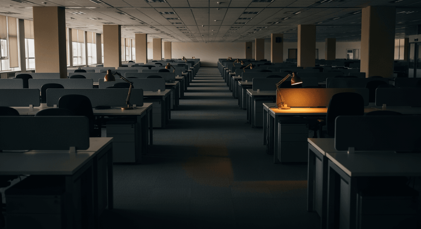 A wide shot of a vast, dimly lit office space with many rows of unoccupied desks.