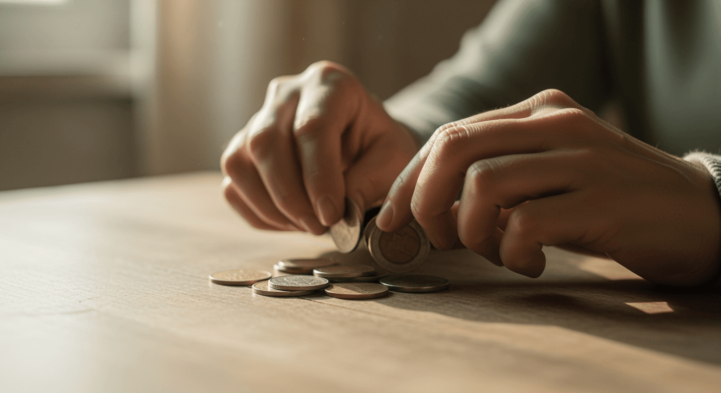 Close-up of hands gently sorting a few worn coins on a textured wooden table.
