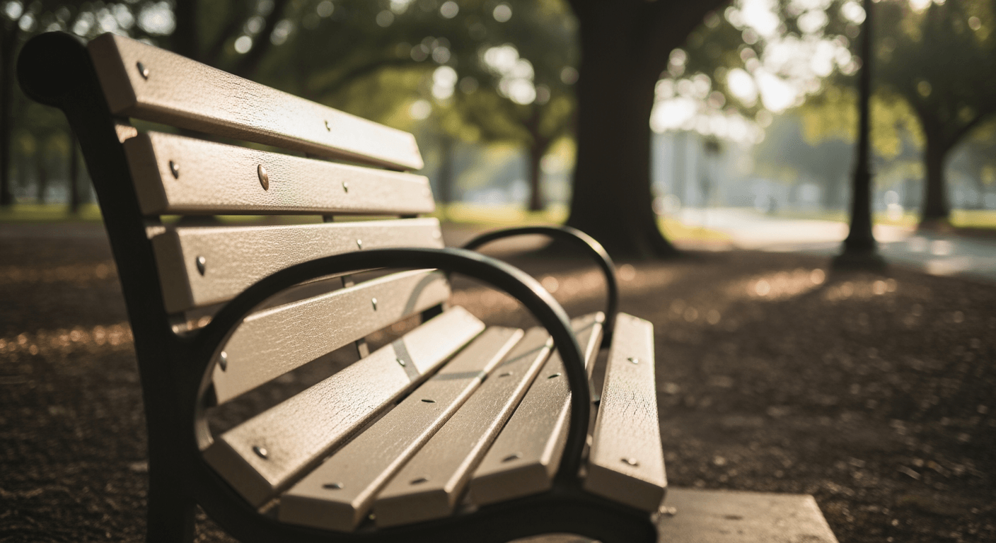 An empty park bench in a quiet, sun-dappled community park, morning light.