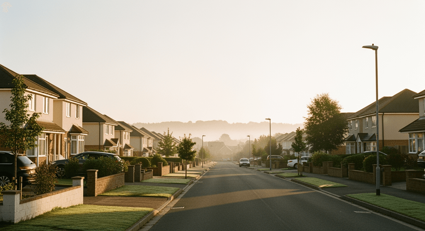A quiet residential street with neatly lined houses and a distant, misty horizon.