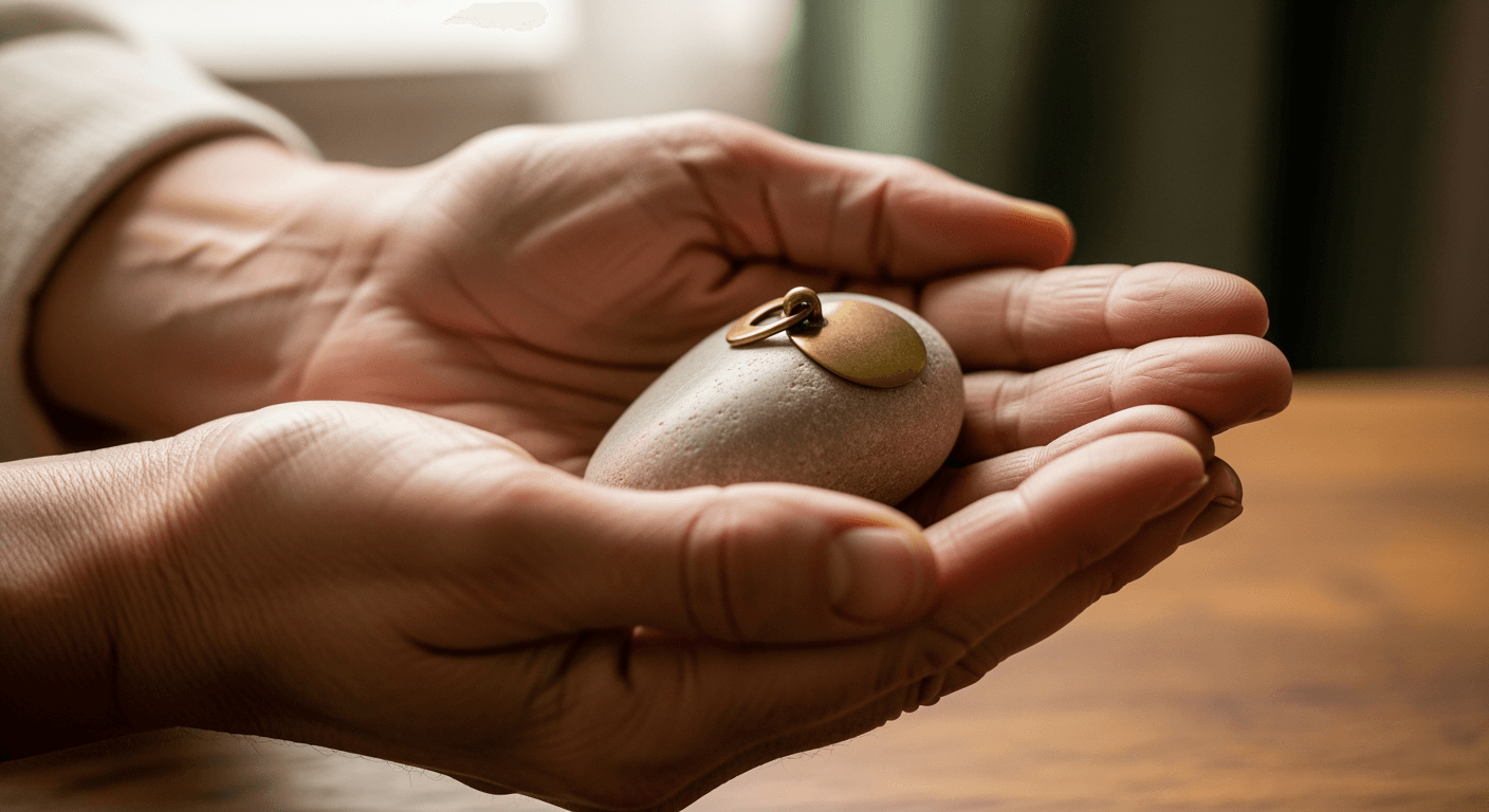 Close-up of hands gently holding a small, smooth, worn stone on a wooden surface.