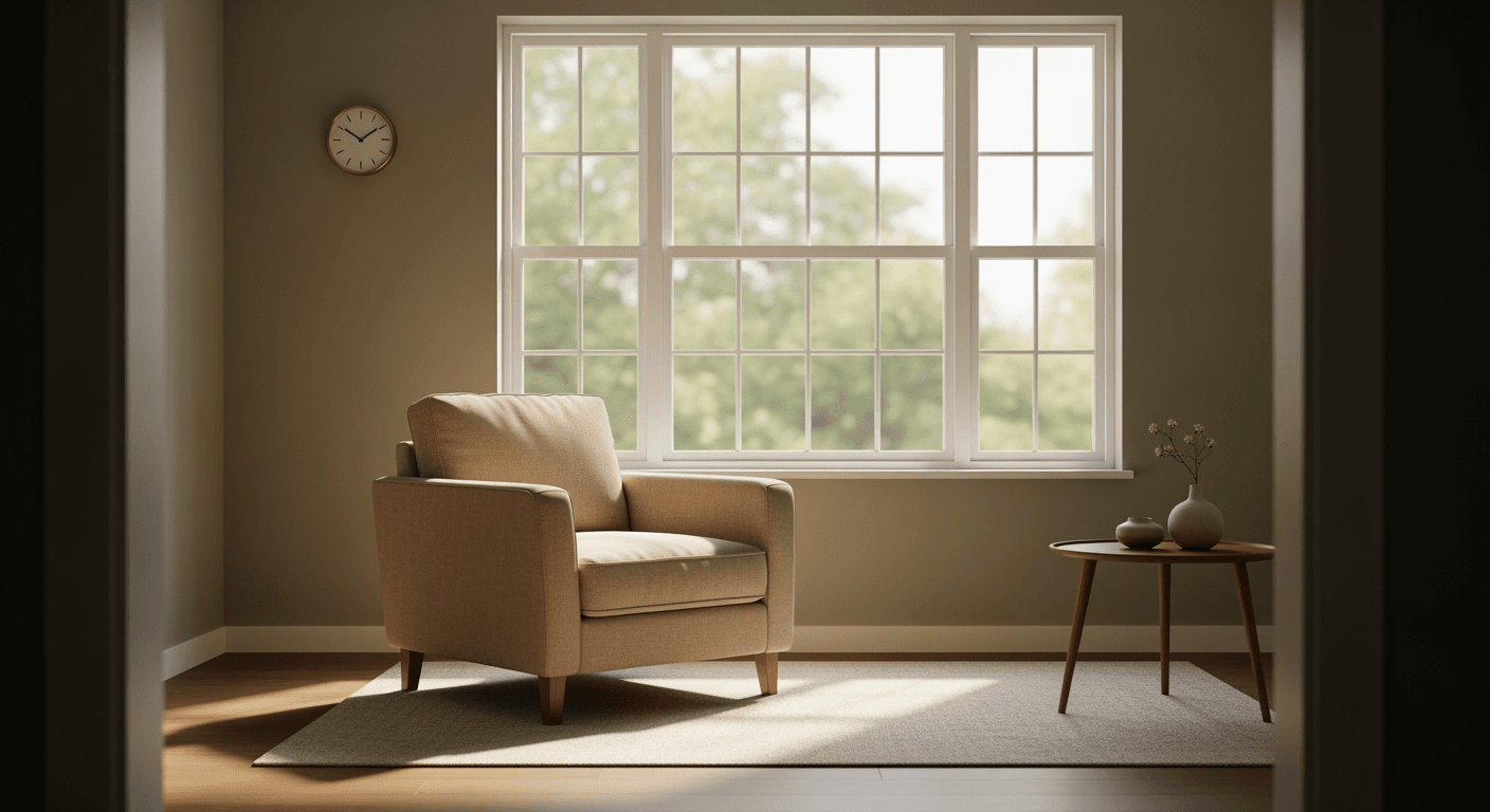 An empty, sunlit therapy room with a single comfortable chair and a large window.