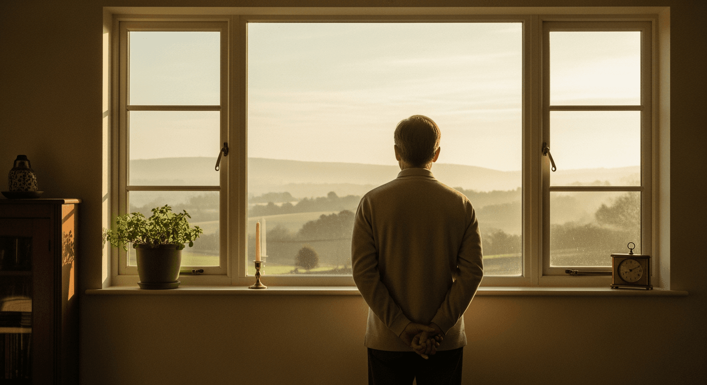 A solitary figure viewed from behind, looking out a large window into a soft, hazy landscape.