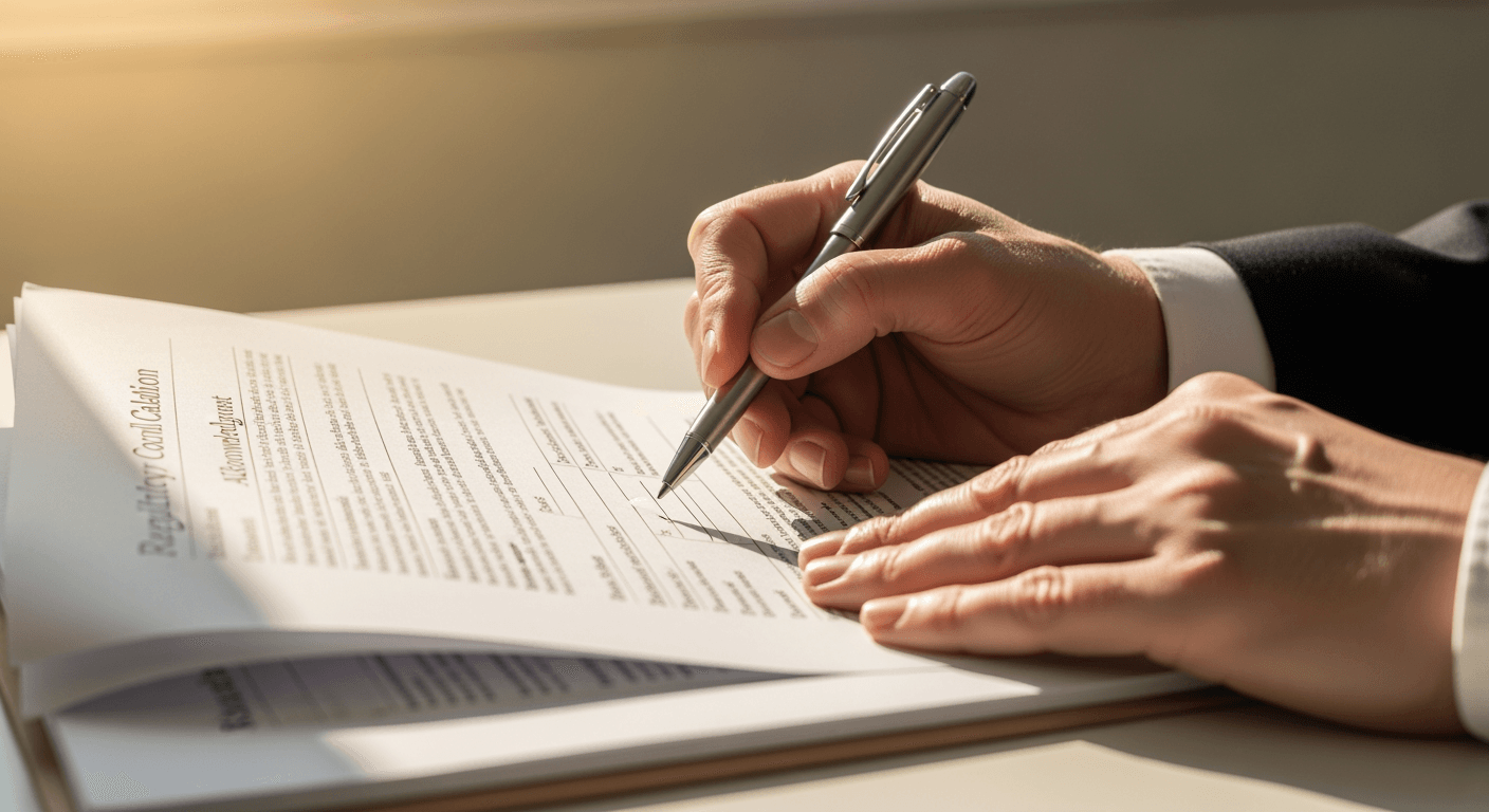 Close-up of hands reviewing policy documents, a pen poised over a form