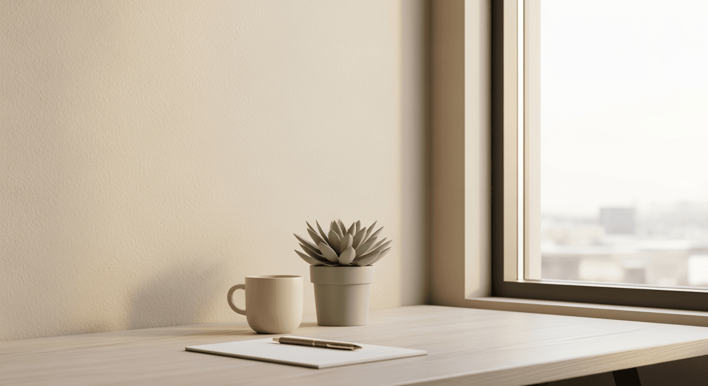 Empty, well-lit modern office space with a clean desk and a large window