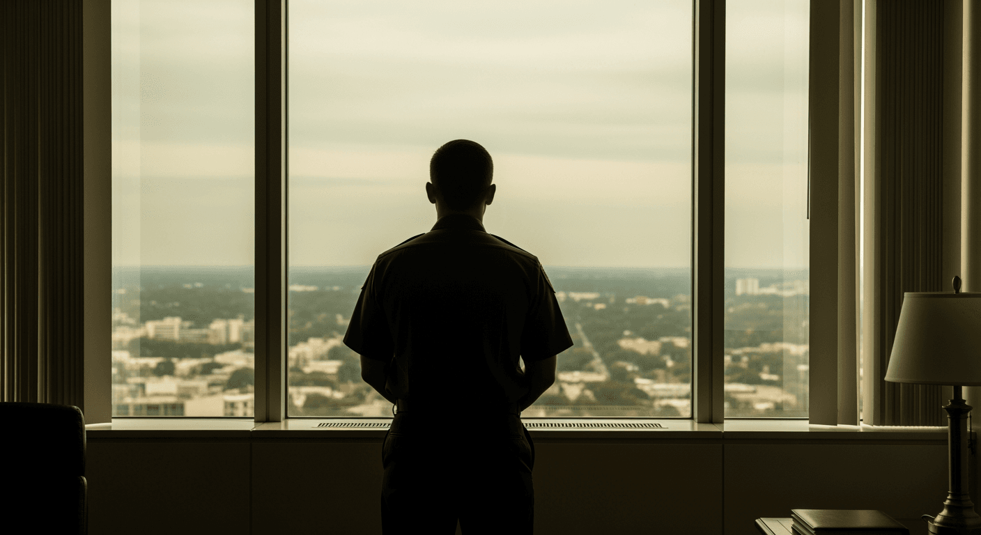 A lone figure in uniform, seen from behind, looking out a large window