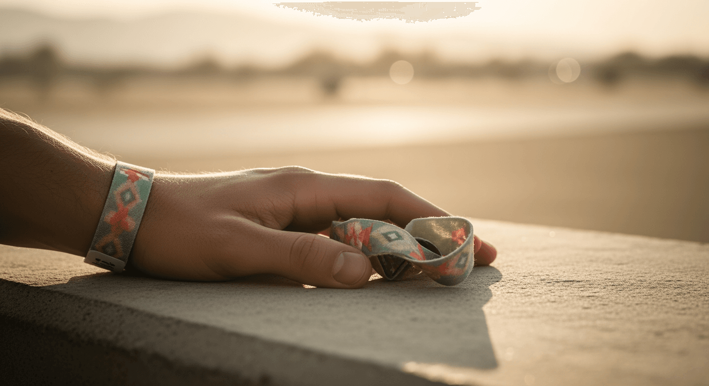 A hand holding a crumpled festival wristband, resting on a muted, textured surface.