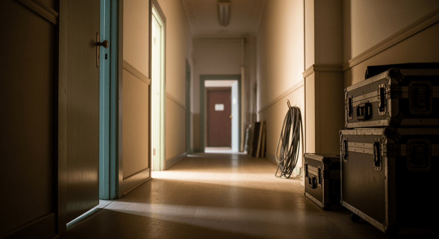 An empty, quiet backstage corridor with muted lighting and subtle stage equipment.