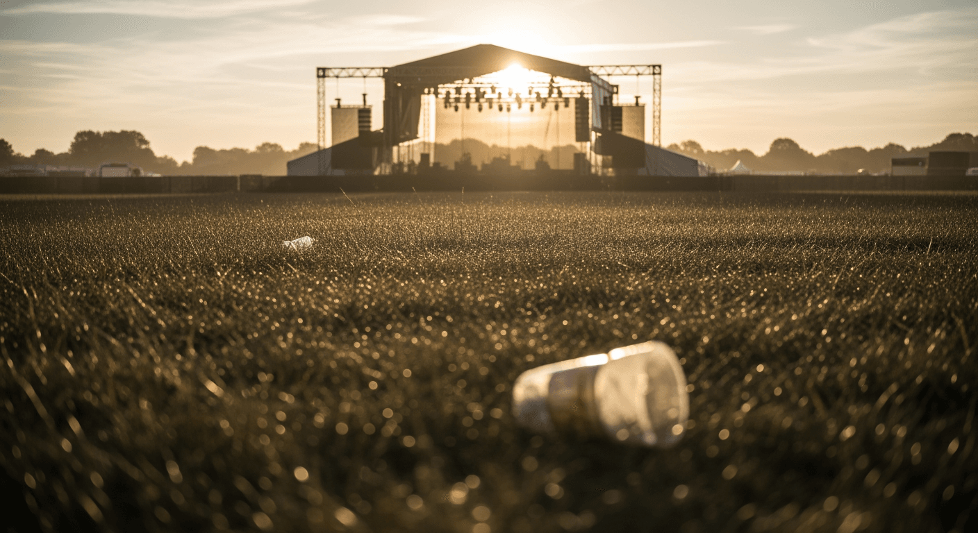 A vast, empty festival field at dawn, with the stage structure faintly visible in the distance.