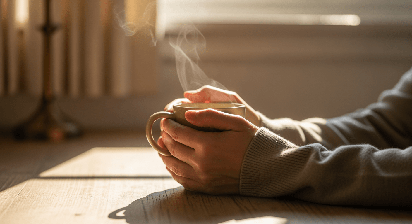 Hands gently holding a warm mug of tea on a wooden desk, soft light.