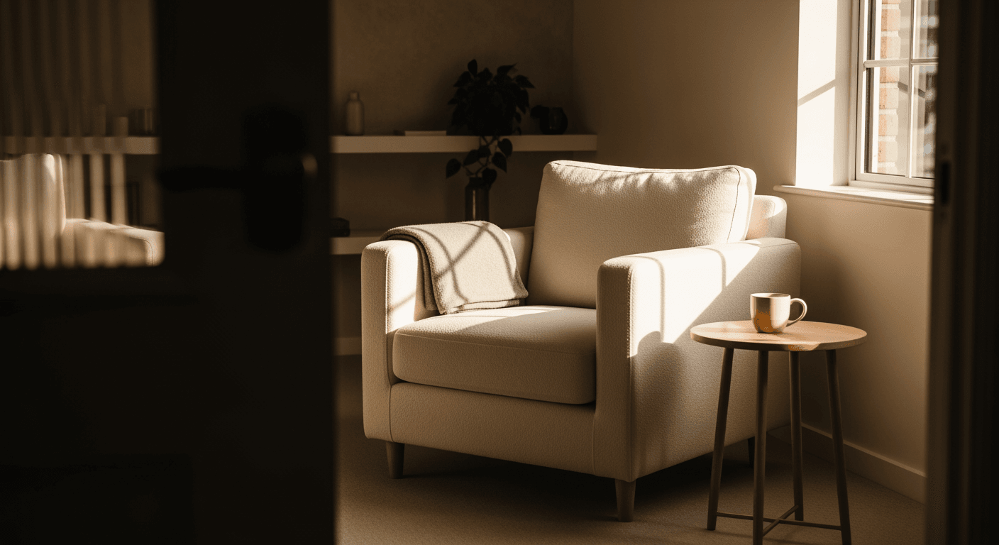 An empty, serene counselling office with a comfortable chair and natural window light.