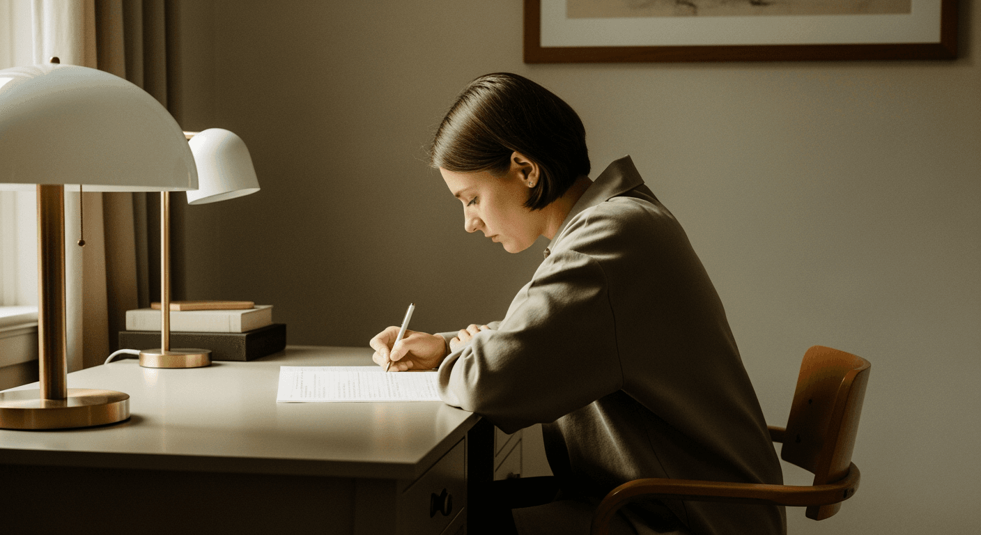 Person seen from behind, quietly sitting at a desk, looking towards a sunlit window.