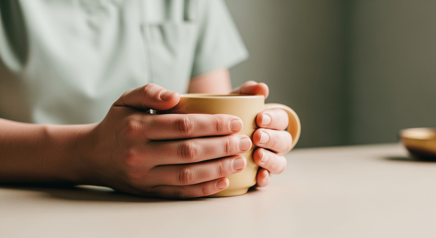 Close-up of a healthcare worker's hands gently holding a warm, comforting mug on a simple table.