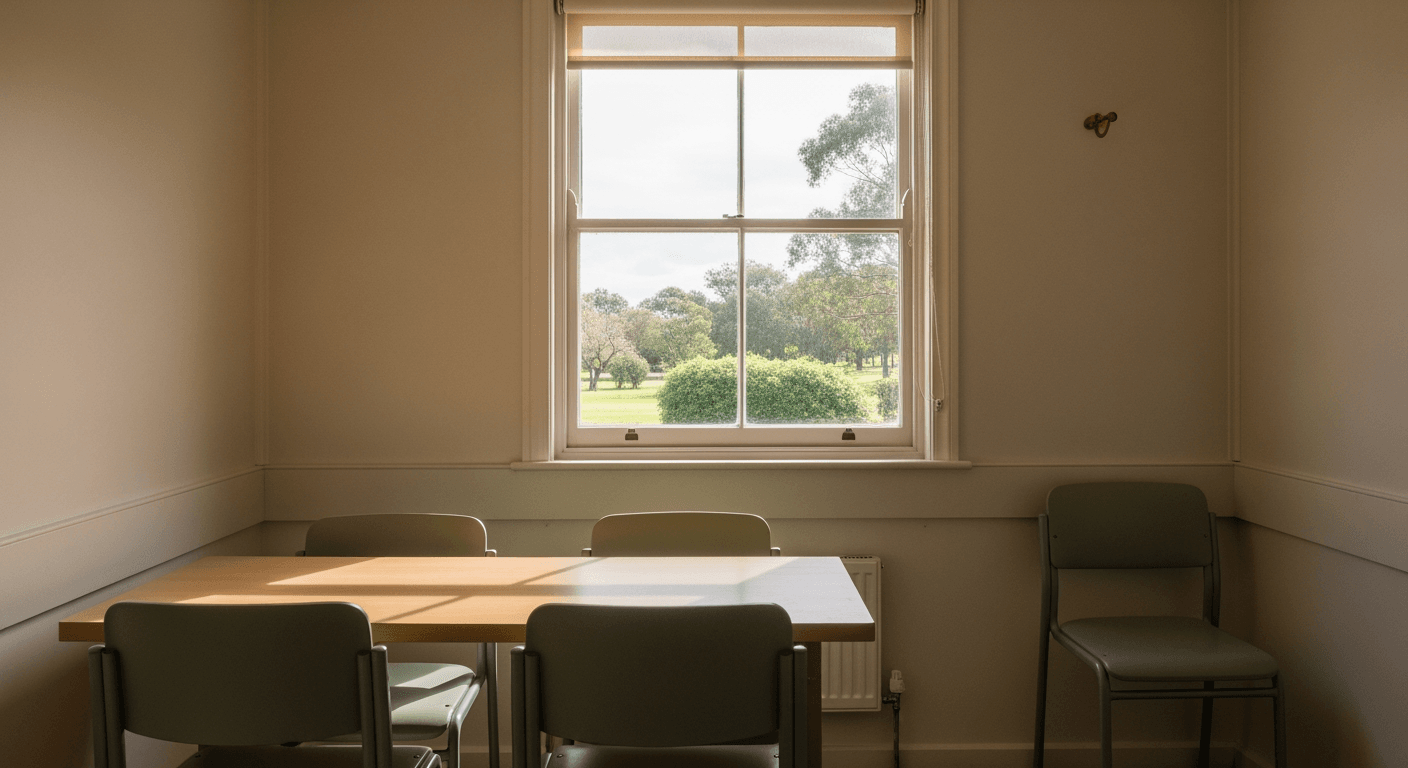 An empty, quiet staff break room with a window overlooking a peaceful, green outdoor space.