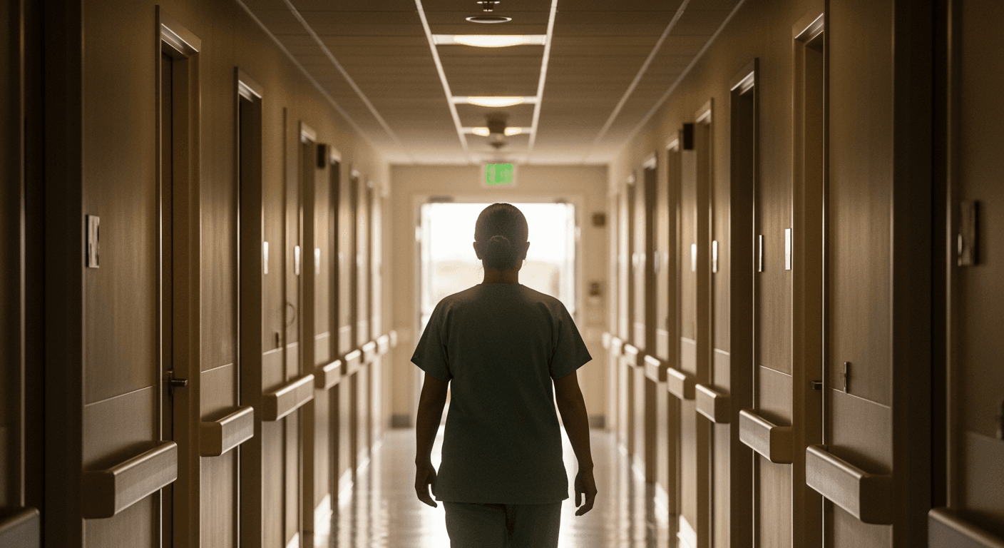 A healthcare professional from behind, walking down a sunlit, empty hospital corridor towards a bright exit.