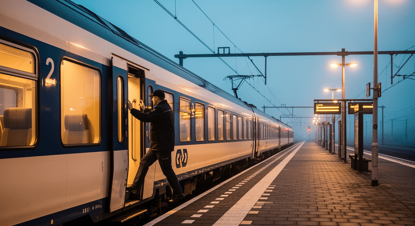 Conducteur stapt bij schemering in een stilstaande trein op een leeg perron