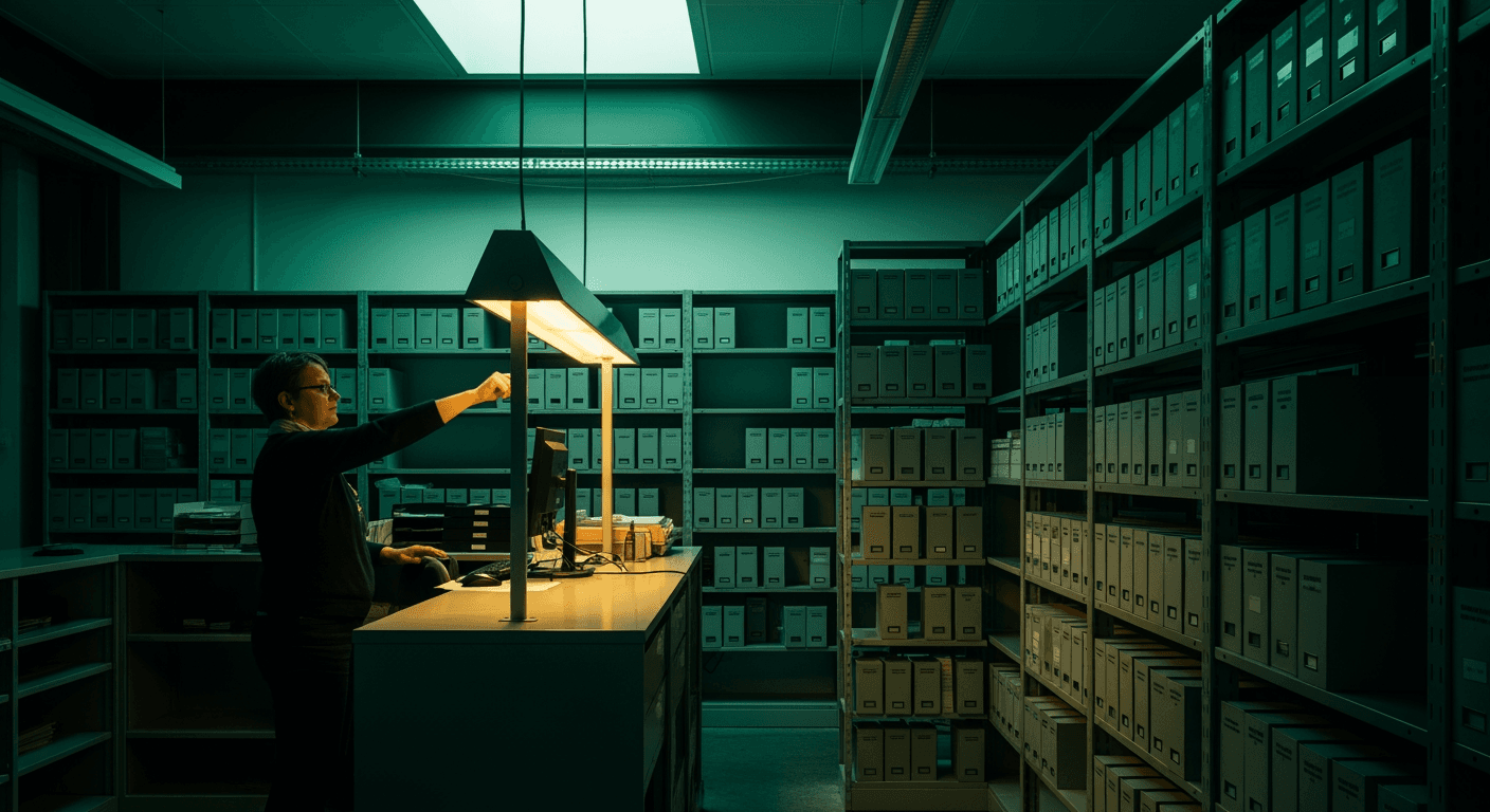Medewerker bij een archiefstelling vol grijze dozen