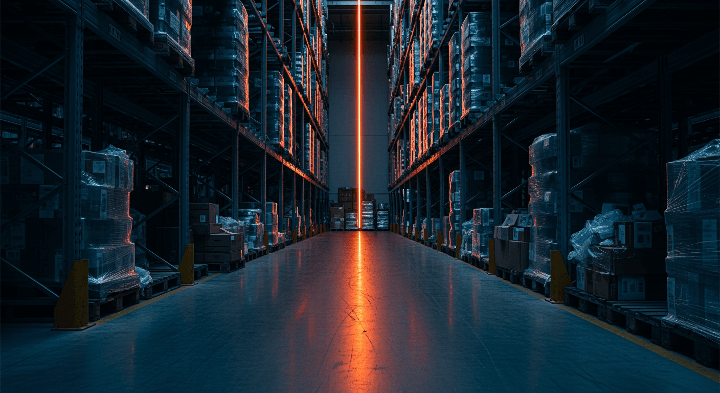 Lege magazijngang met één scherpe lichtstraal over de betonnen vloer